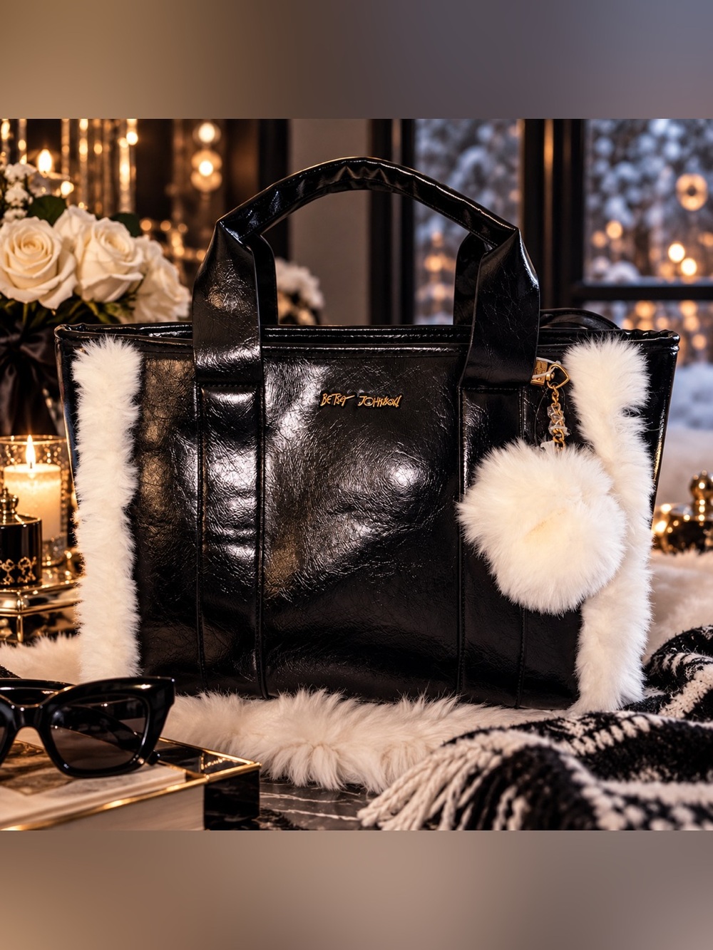 Betsey Johnson XOLUXE Black Patent Tote with White Faux Fur Trim & Kiss Lock